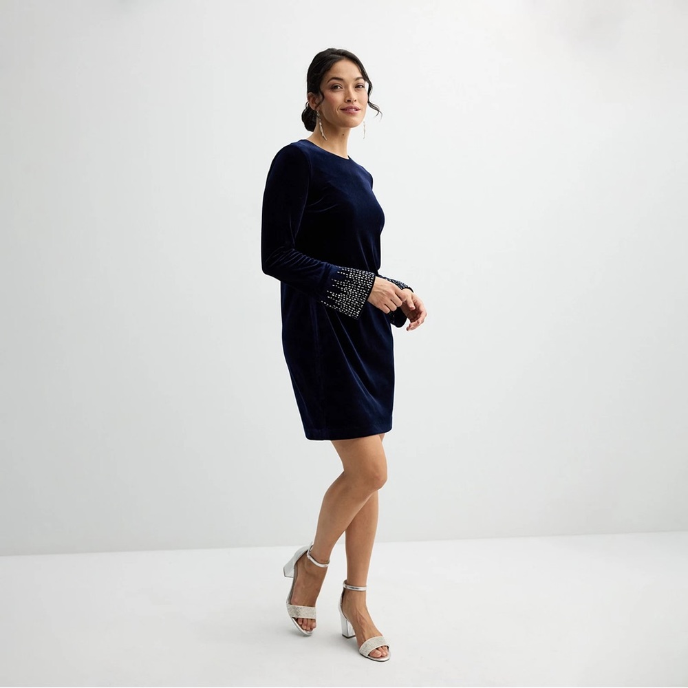 Elegant velvet Navy Blue Dress with Embellished Sleeves